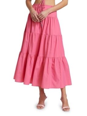 STAUD Luca Pink Nylon Tiered Drawstring Midi  Skirt